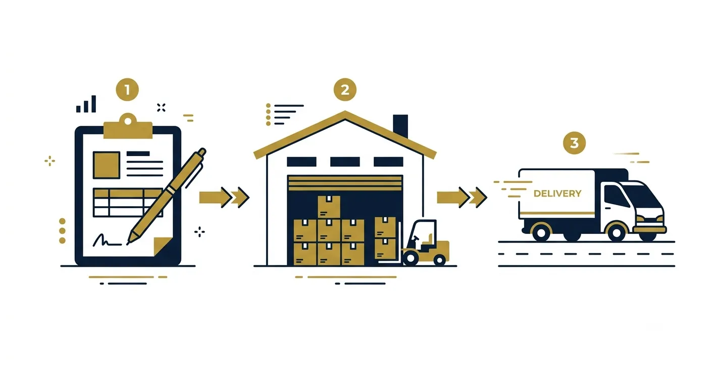 Illustrated sourcing process from request through warehouse fulfillment to delivery